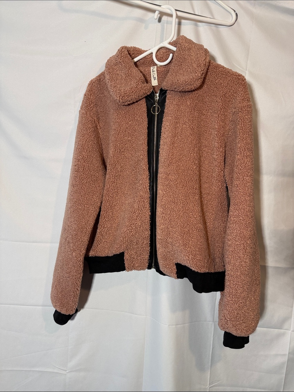 Pink Owl Blush Teddy Fleece Zip Jacket Black Trim Size Large